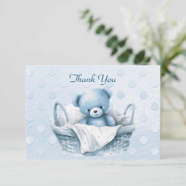 Blue Teddy Bear in Basket Thank You Card (Standing Front)
