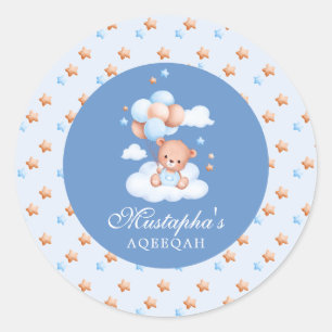 Blue Teddy Bear Islamic Aqeeqah Baby Boy Classic  Round Sticker