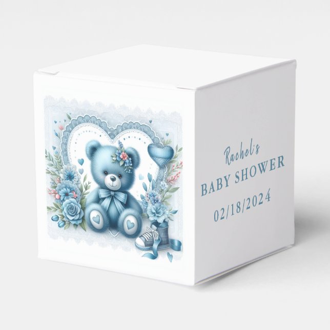 Blue Teddy Bear Lace and Flowers 1 - Baby Shower Favor Box (Front Side)