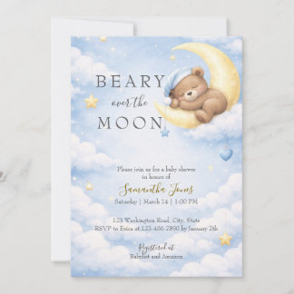 Blue Teddy Bear Moon Baby Shower Invitation