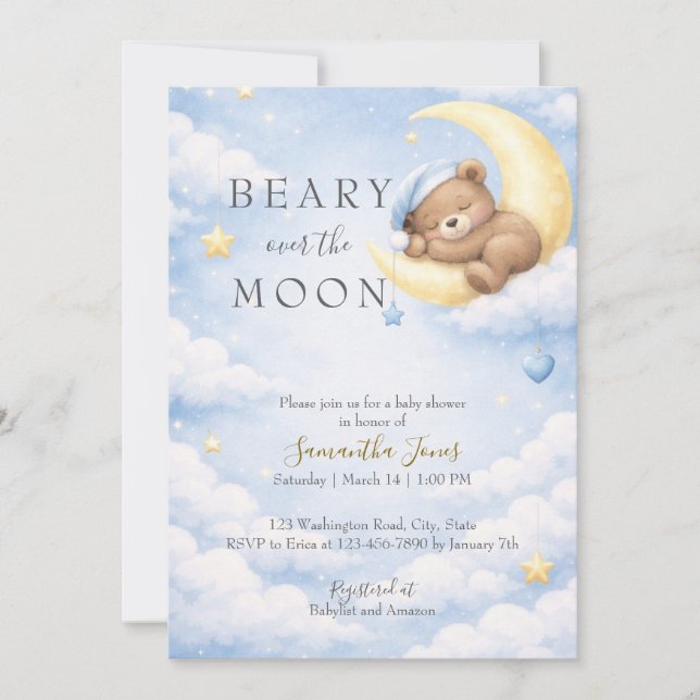 Blue Teddy Bear Moon Baby Shower Invitation (Front)