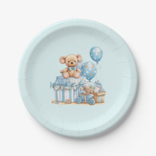Blue Teddy Bear Moon & Stars Boy Baby Shower Paper Plate