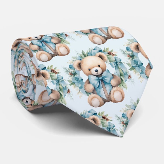 Blue Teddy Bear  Neck Tie (Rolled)