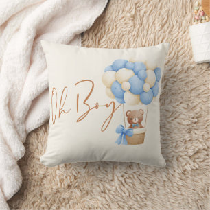 Blue Teddy Bear Oh Boy Balloon Baby Shower Decor Throw Pillow
