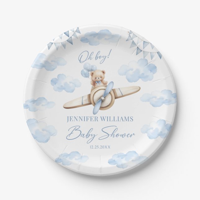 Blue Teddy Bear on Airplane Baby Boy Shower Paper Paper Plate (Front)