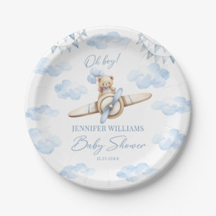 Blue Teddy Bear on Airplane Baby Boy Shower Paper Plate