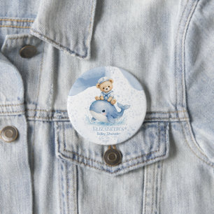 Blue Teddy Bear On Whale Boy Baby Shower 3 Inch Round Button