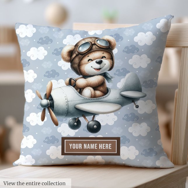 Blue Teddy Bear Pilote Baby Boy Coussin Nom person (Blue Teddy Bear Pilot Baby Boy Pillow Custom Name)