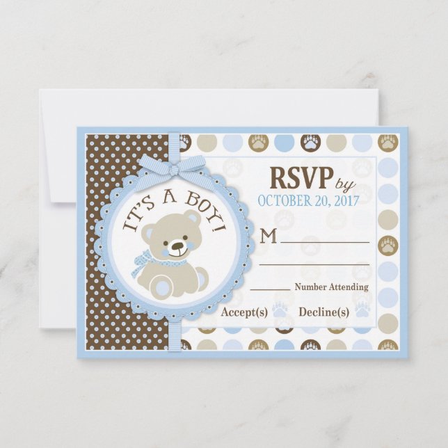 Blue Teddy Bear Polk Dots RSVP Card (Front)