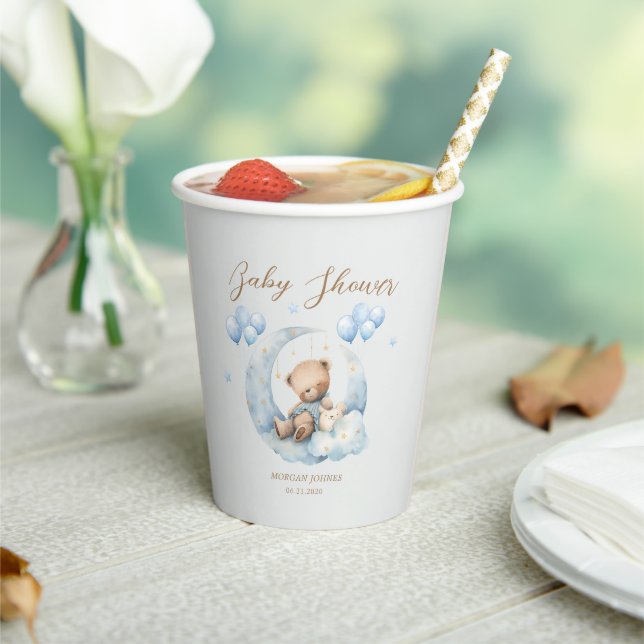 Blue Teddy Bear Stars Baby Shower Paper Cups (Insitu)