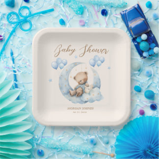 Blue Teddy Bear Stars Baby Shower Paper Plate