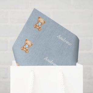 Blue Teddy Bear Tissue Paper, Custom Name Paper