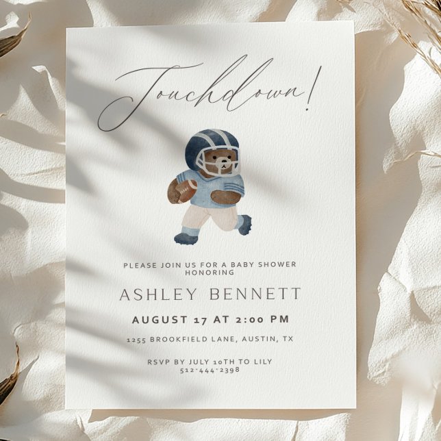 Blue Teddy bear Touchdown Football Baby Shower Invitation (Creator Uploaded)