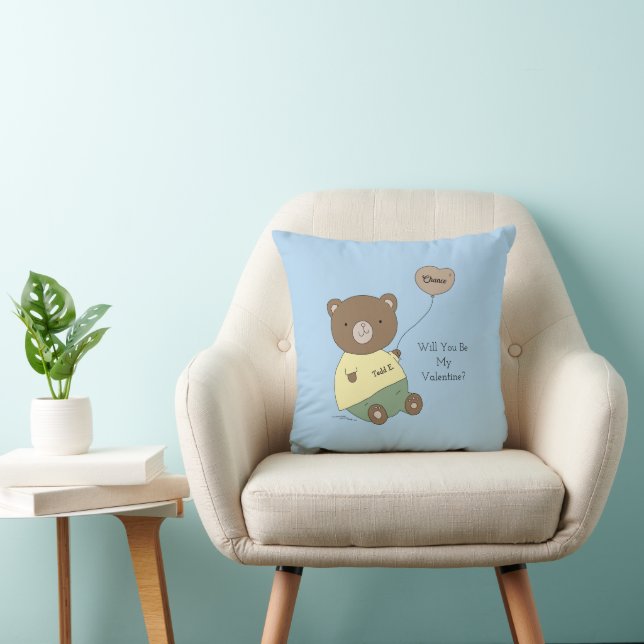 Blue Teddy Bear Valentine's Day Throw Pillow (Chair)