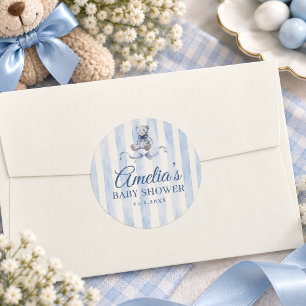 Blue Teddy Bear Watercolor Stripes Baby Shower Classic Round Sticker