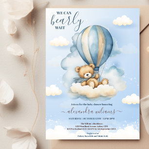 Blue Teddy Bear We Can Bearly Wait Baby Shower Invitation