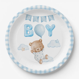 Blue Teddy Bear with Balloon Baby Shower Paper Plate