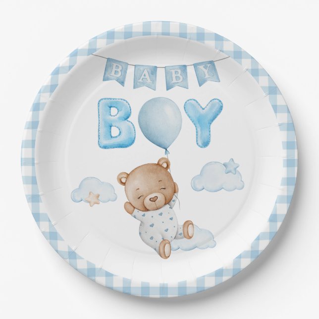 Blue Teddy Bear with Balloon Baby Shower Paper Plate (Front)
