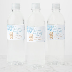 Blue teddy bear with balloons baby shower water bottle label