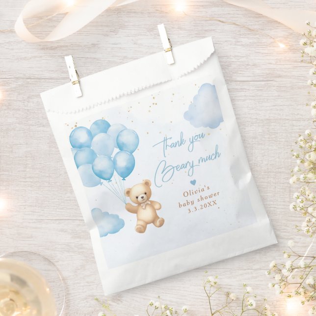 Blue teddy bear with balloons Thank you card Favour Bag (Clipped)