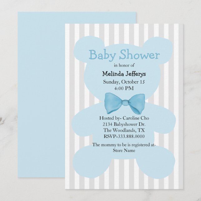 Blue Teddy Bear with Bow Tie Baby Shower Invitation (Front/Back)