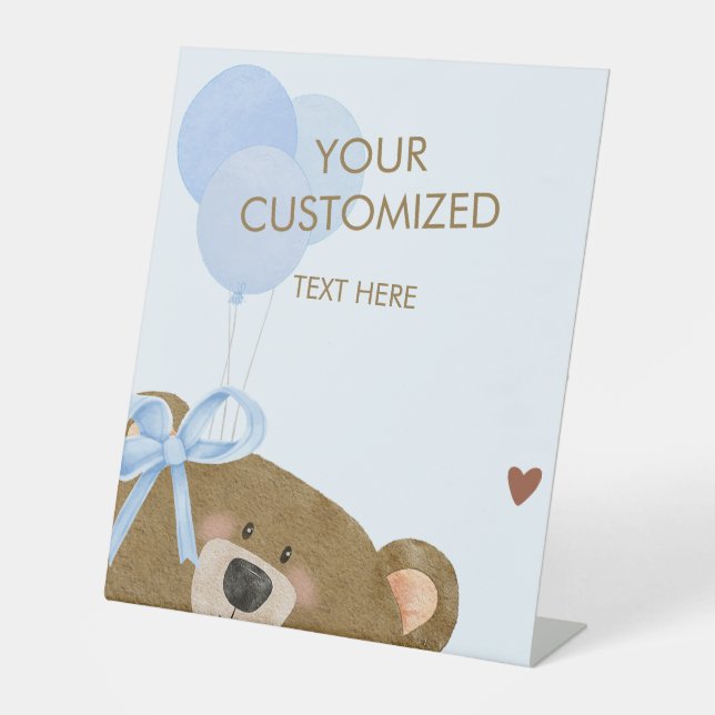 Blue Teddy Can Bearly Wait Baby Shower Customized Pedestal Sign (Front)
