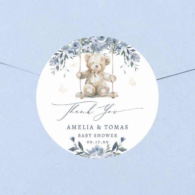 Blue Teddy Swing Baby Shower Thank You Classic Round Sticker (Creator Uploaded)
