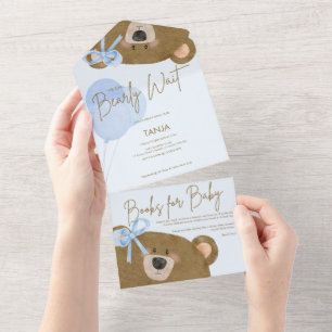 Blue Teddy We Can Bearly Wait Boy Baby Shower All In One Invitation