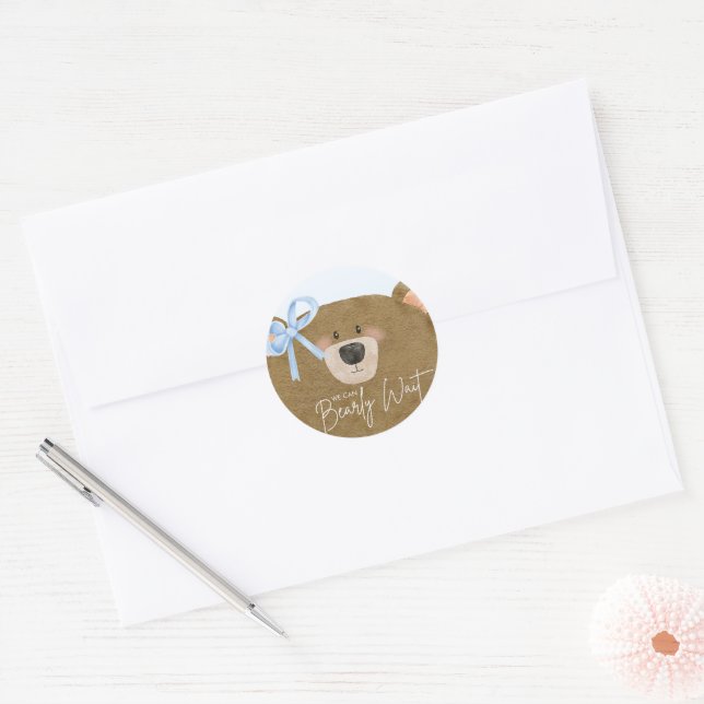 Blue Teddy We Can Bearly Wait Boy Baby Shower Classic Round Sticker (Envelope)