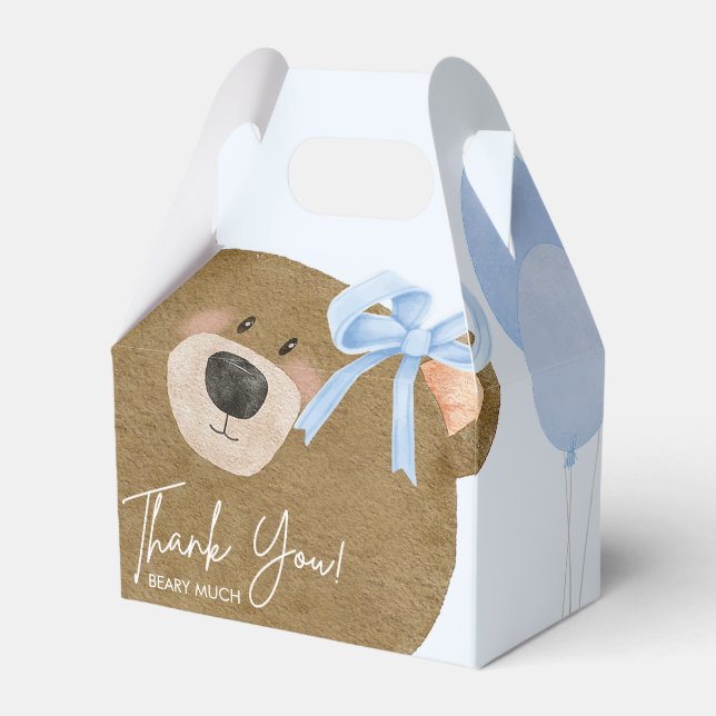 Blue Teddy We Can Bearly Wait Boy Baby Shower Favor Box (Front Side)