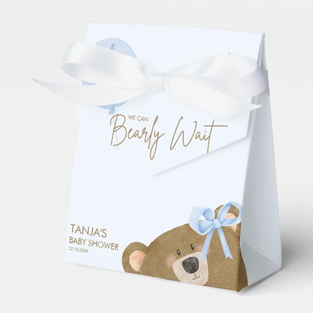 Blue Teddy We Can Bearly Wait Boy Baby Shower Favor Box (Front Side)