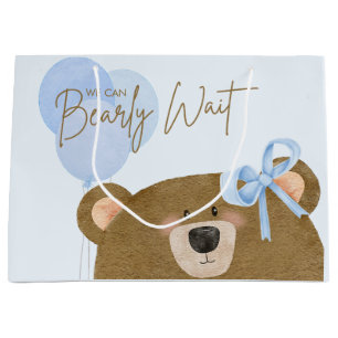 Blue Teddy We Can Bearly Wait Boy Baby Shower Large Gift Bag