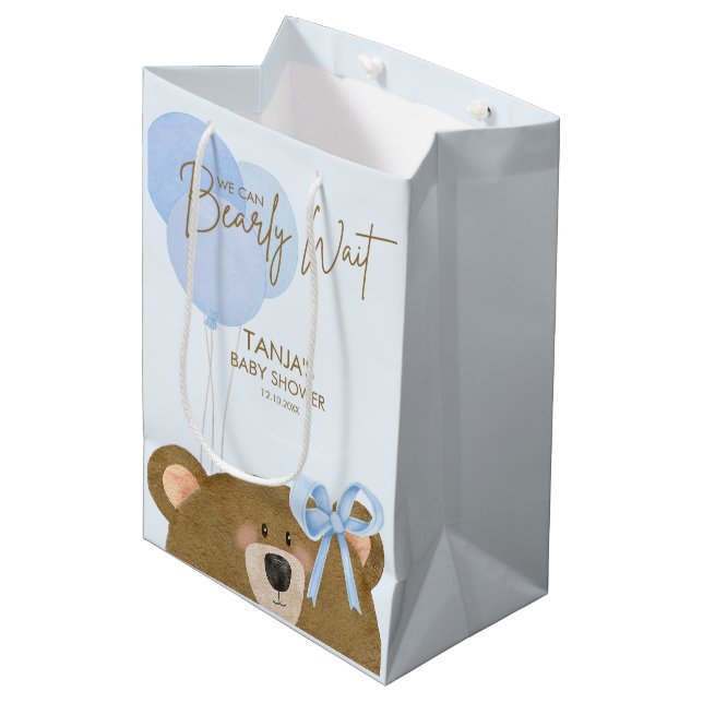 blue Teddy We Can Bearly Wait Boy Baby Shower Medium Gift Bag (Front Angled)