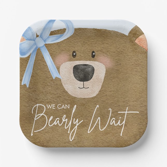 Blue Teddy We Can Bearly Wait Boy Baby Shower Paper Plate (Front)