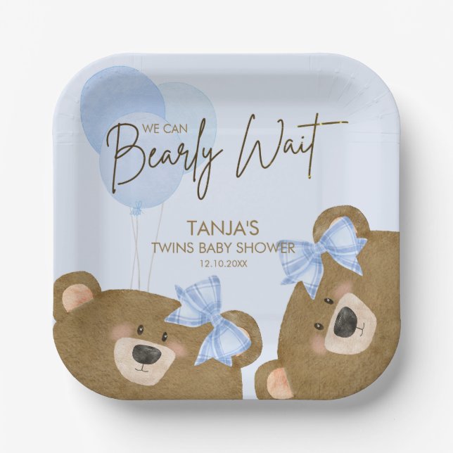 Blue Teddy We Can Bearly Wait Boy Baby Shower Paper Plate (Front)