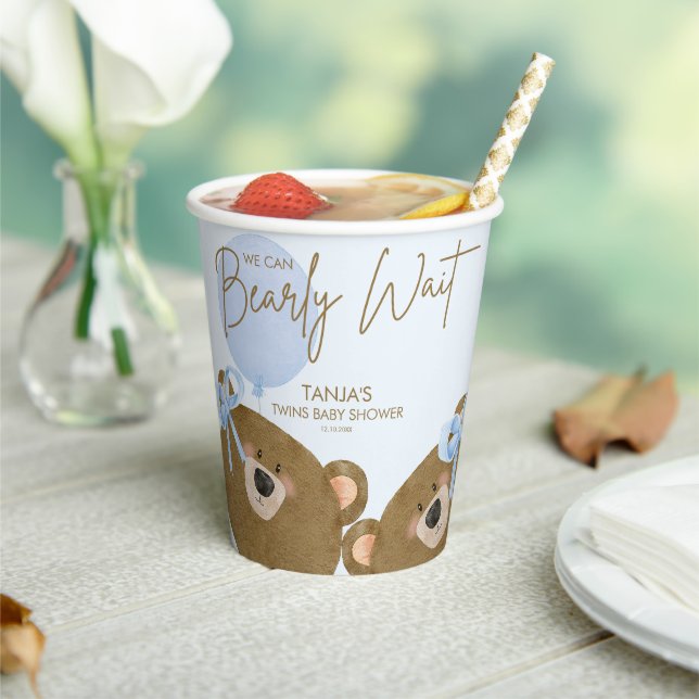 Blue Teddy We Can Bearly Wait Twins Baby Shower Paper Cups (Insitu)