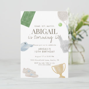 Blue Tennis 12th Birthday Party for Girls Athletic Invitation