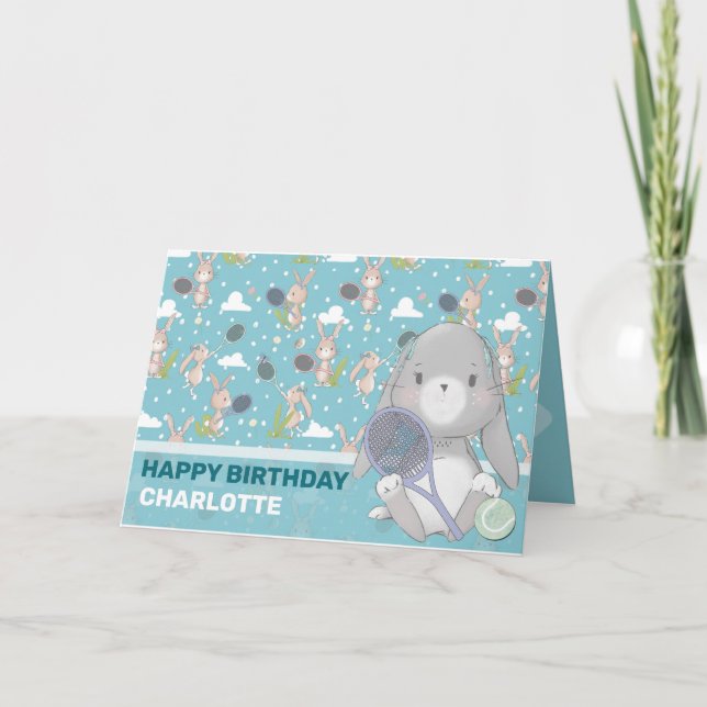 Blue tennis bunny customizable card (Front)