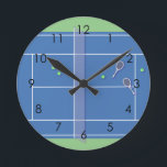 Blue Tennis Court Modern Tennis Player      Round Clock<br><div class="desc">Personalized classic tennis court design in blue with classic, chic, preppy & elegant tennis rackets and green tennis balls. Simple, minimalist gift for your tennis coach or tennis team. Personalized Gift for a tennis player. Blue tennis court illustration. Trendy tennis players home decor. Trendy modern tennis player gifts. Cool retro...</div>