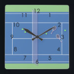 Blue Tennis Court Modern Tennis Player      Square Wall Clock<br><div class="desc">Personalized classic tennis court design in blue with classic, chic, preppy & elegant tennis rackets and green tennis balls. Simple, minimalist gift for your tennis coach or tennis team. Personalized Gift for a tennis player. Blue tennis court illustration. Trendy tennis players home decor. Trendy modern tennis player gifts. Cool retro...</div>