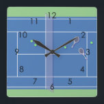 Blue Tennis Court Modern Tennis Player Square Wall Clock<br><div class="desc">Personalized classic tennis court design in blue with classic, chic, preppy & elegant tennis rackets and green tennis balls. Simple, minimalist gift for your tennis coach or tennis team. Personalized Gift for a tennis player. Blue tennis court illustration. Trendy tennis players home decor. Trendy modern tennis player gifts. Cool retro...</div>
