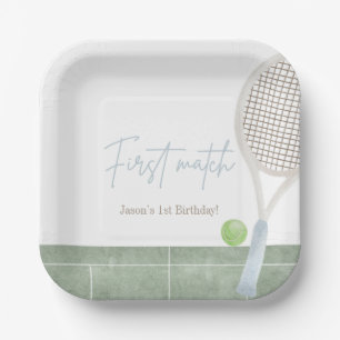 Blue Tennis First Birthday Boy Preppy Classic  Paper Plate