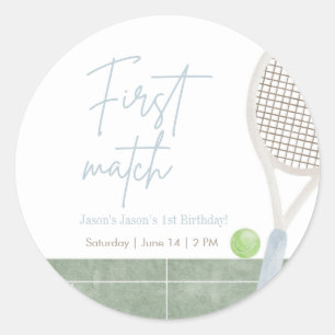 Blue Tennis First Birthday Preppy Boy Party Round Classic Round Sticker