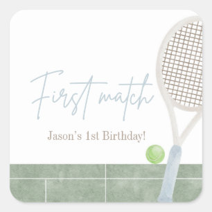 Blue Tennis First Birthday Preppy Classic Party Square Sticker
