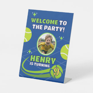 Blue Tennis Kids Birthday Welcome Party Pedestal Sign