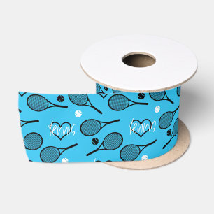 Blue Tennis Party 2, tennis pattern Satin Ribbon