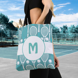 Blue Tennis Racket Pattern Monogram Tote Bag