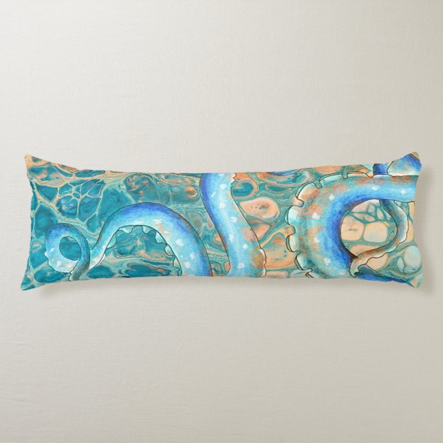 Blue Tentacles Octopus Kraken Abstract Teal Ink Body Pillow (Front)