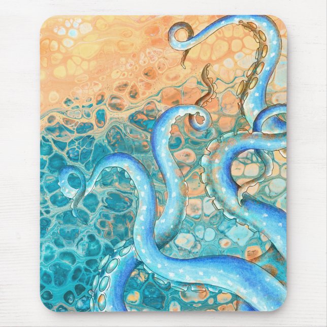 Blue Tentacles Octopus Kraken Abstract Teal Ink Mouse Pad (Front)