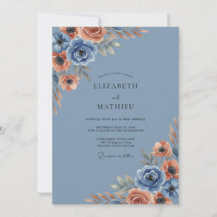 Blue Terracotta Floral Romance Wedding Invitation